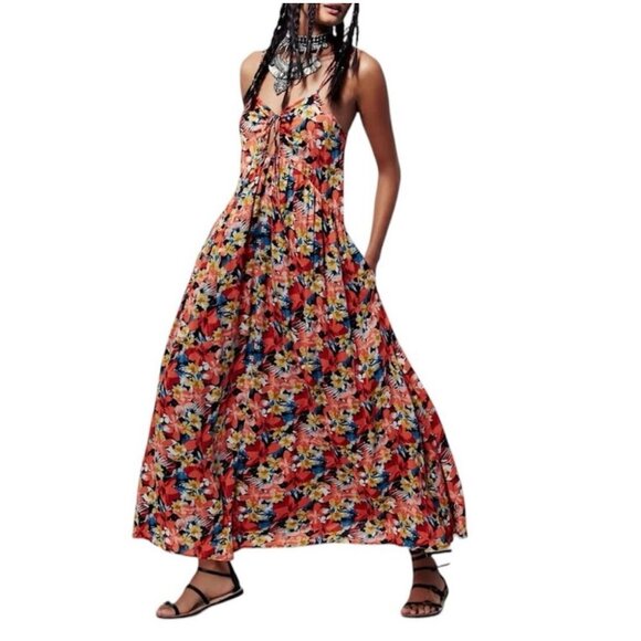 Free People Floral Bohemian Romantic Mulberry Strappy Maxi Dress Women's Size L - Picture 1 of 13